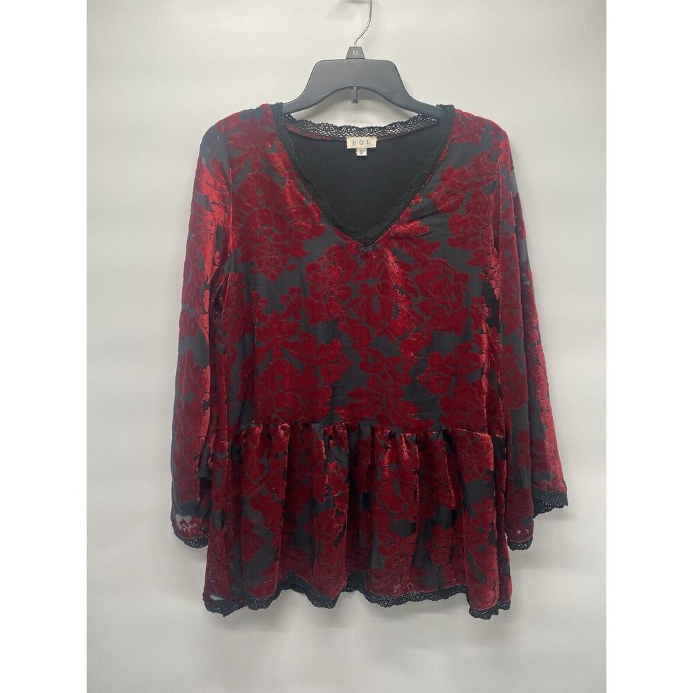 POL Women’s Red Floral Velvet Burnout Babydoll Oversized‎ Boho Top Sz S